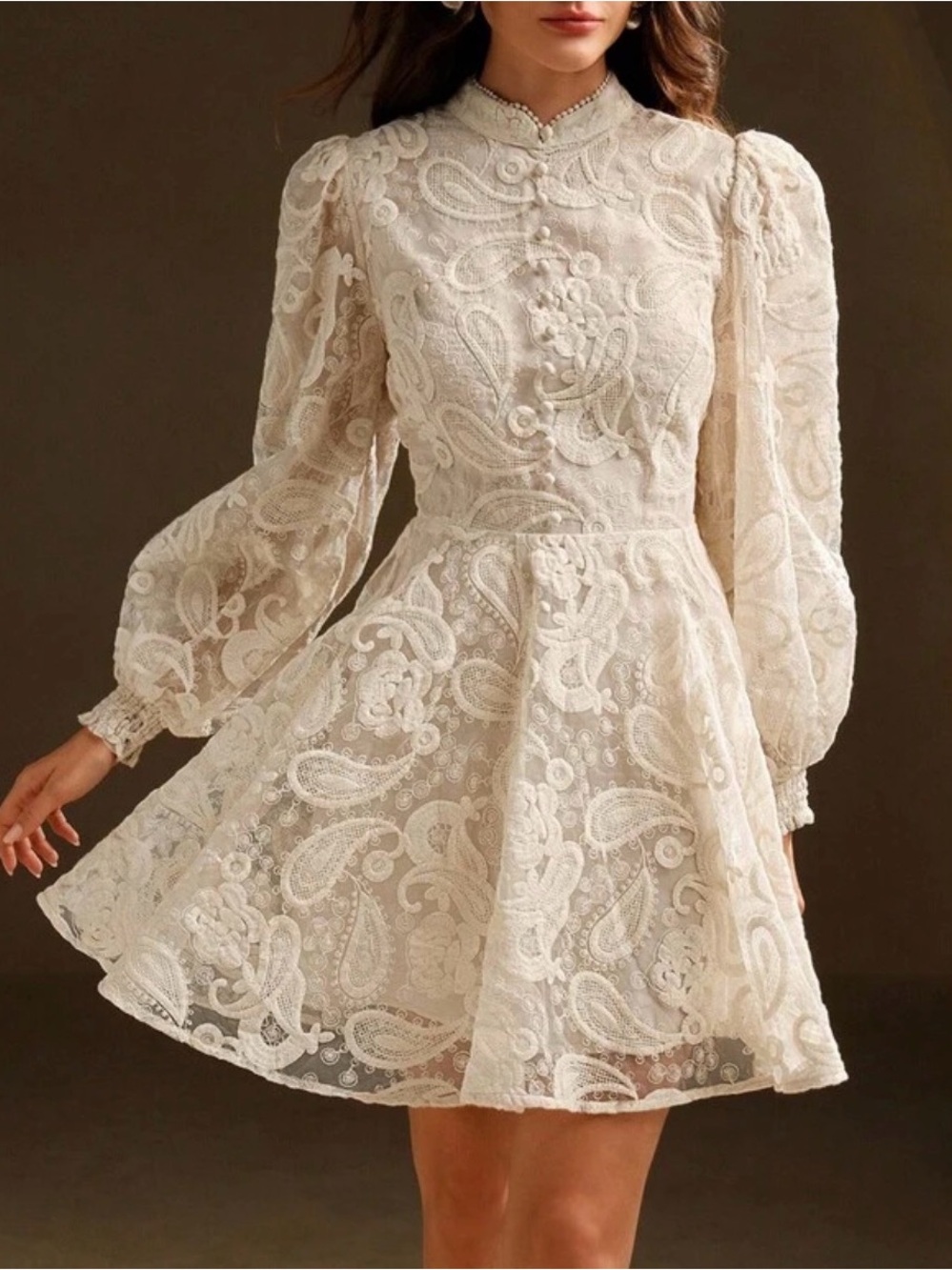 Ivory Lace Long-Sleeve Fit & Flare Dress